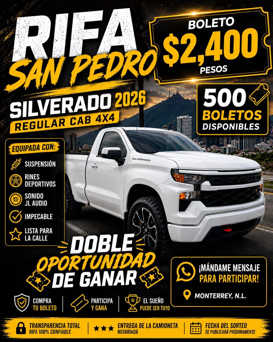 Rifa San Pedro — Chevrolet Silverado Regular Cab 4x4 2026 — Boleto $2,400 — 500 lugares disponibles — Monterrey, N.L.